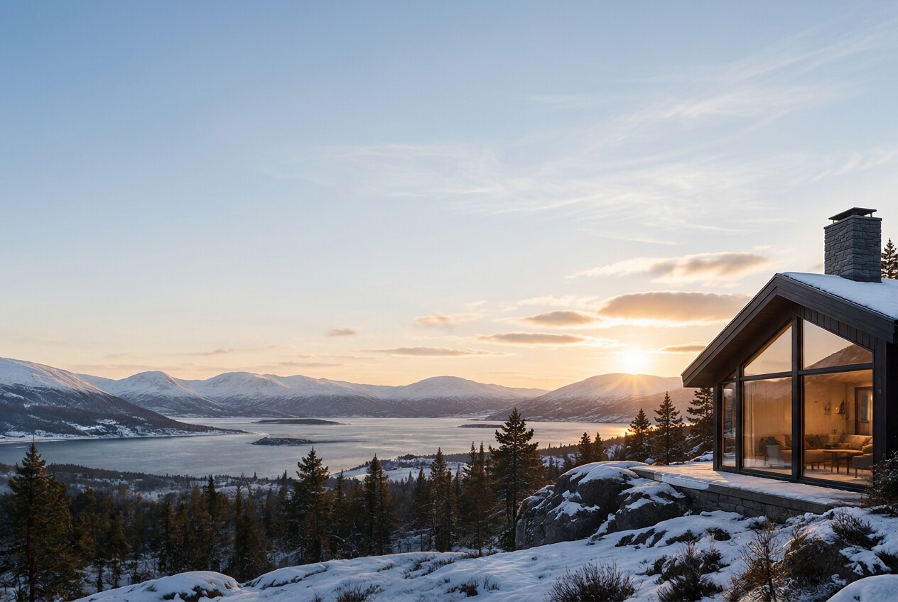 Snødekte fjell, fjord og en hytte i kveldssol